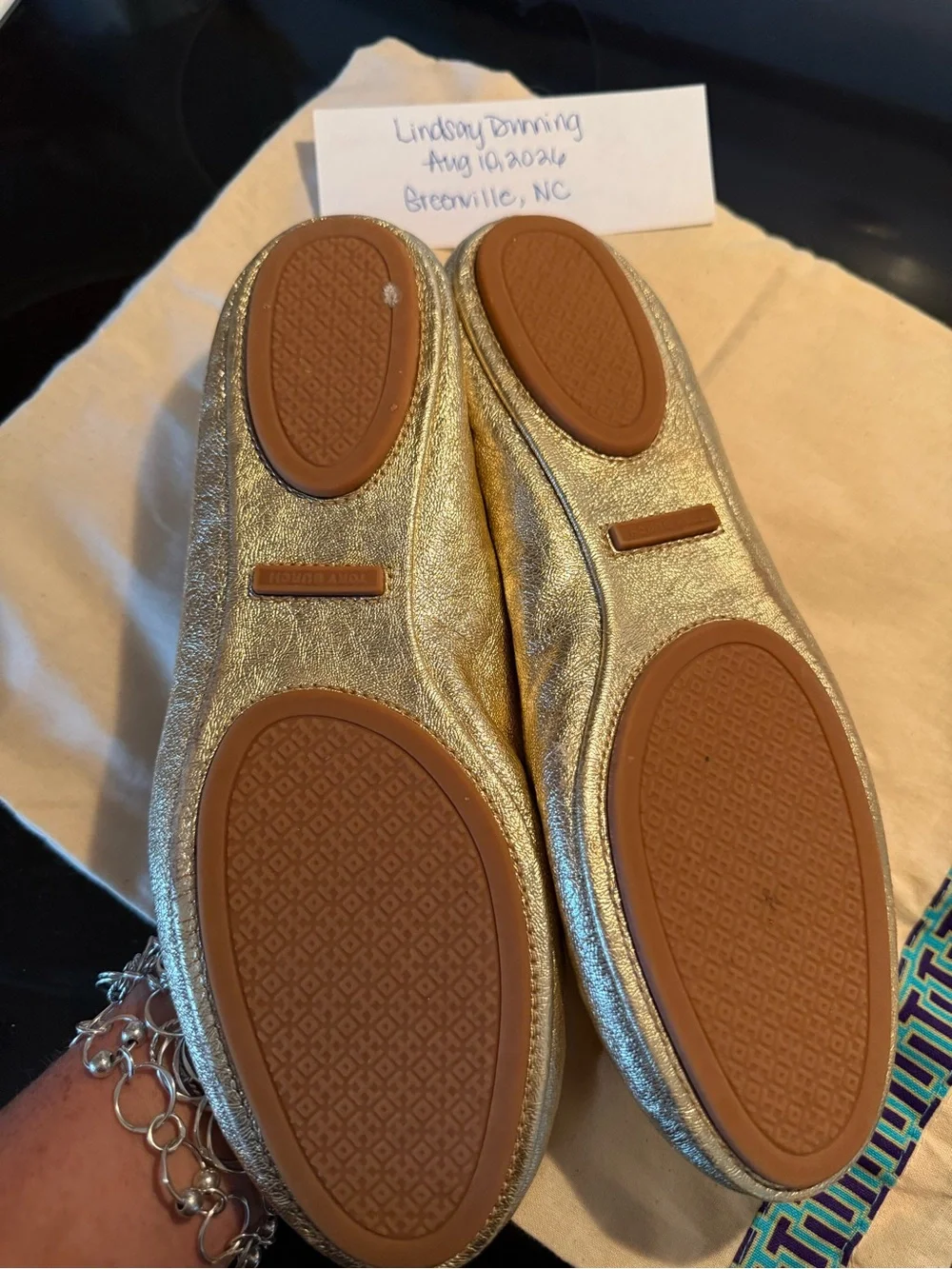 Tory Burch Metallic Gold Logo Ballet Flats